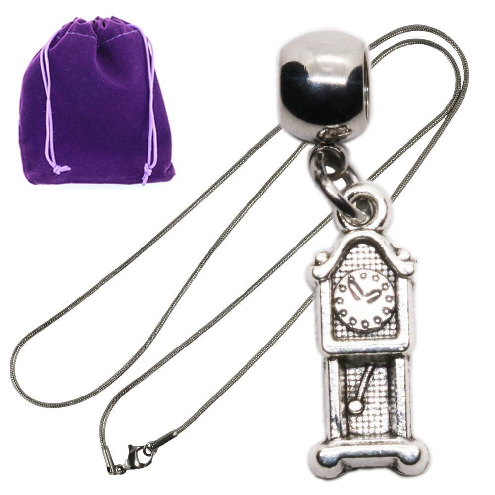 Delicate Grandfather Clock Pendant Necklace for Women, Silver Tone Charm Jewelry